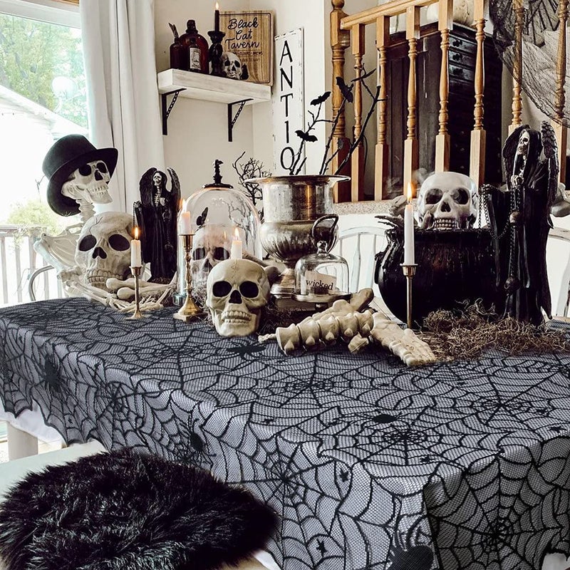 LuoluoHouse Black Lace Tablecloth 54x72 Inch Halloween Tablecloths Spider Cobweb Table Cover for Masquerade Dinner Party Scary Movie Nights Table Decorations - Image 2